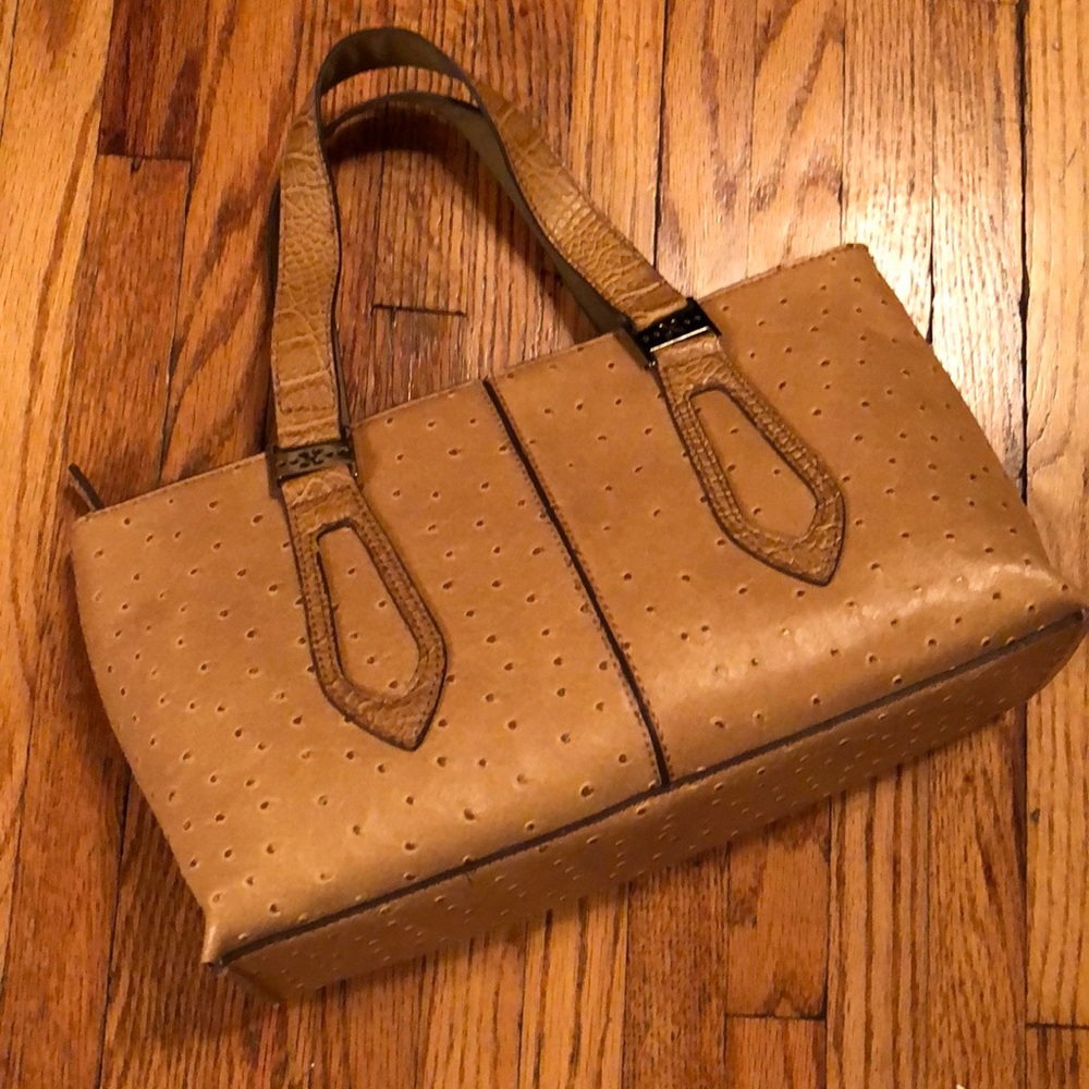 Emilie M. Faux ostrich hand bag
